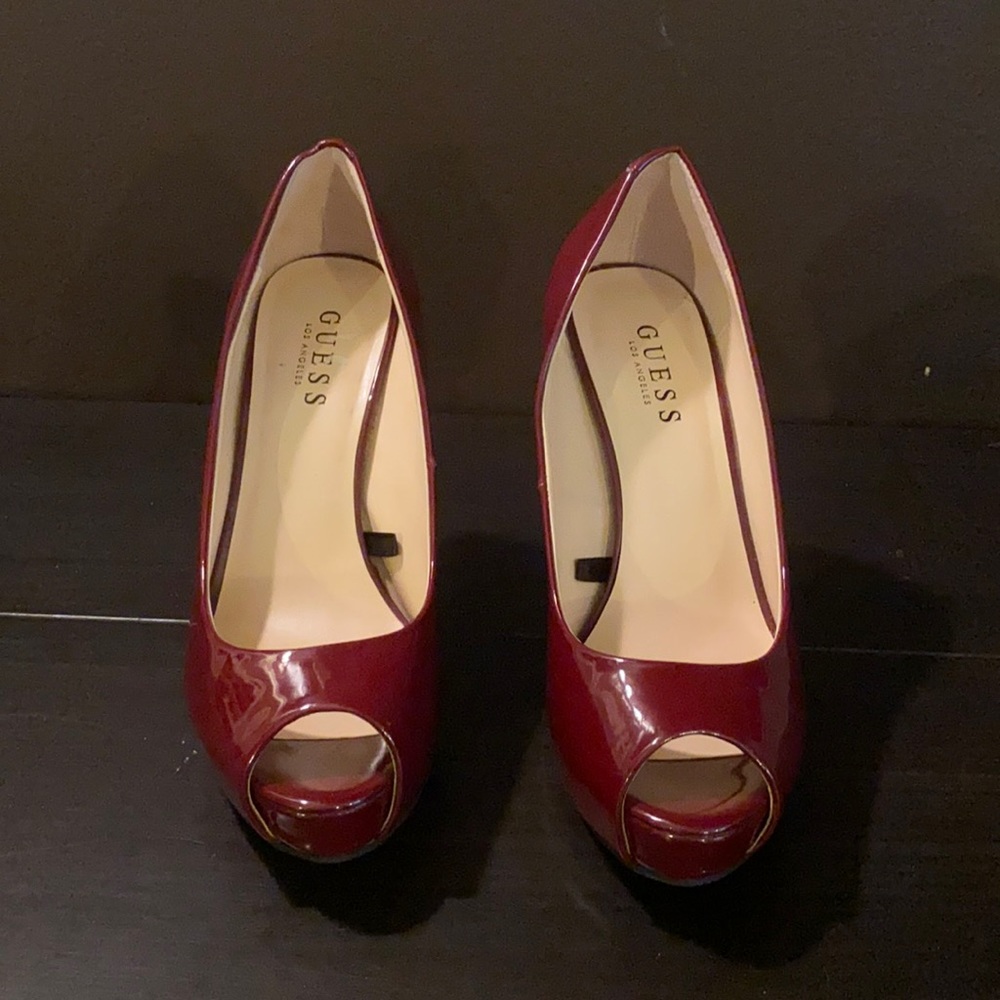 Dark ruby red peep toe platform heels 030
